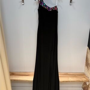 Elegant Black One-Shoulder Dress with Colorful Accents